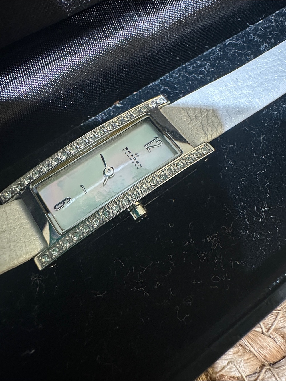 Skagen Silver-Tone Rectangular Crystal Watch with White Leather Strap